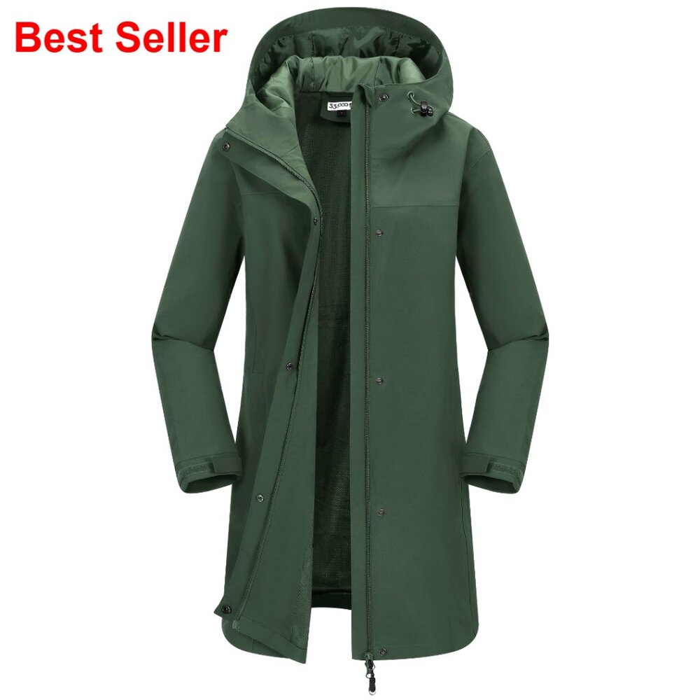 Waterproof Long Rain Jacket With Hood, Breathable Windbreaker Trench Coat